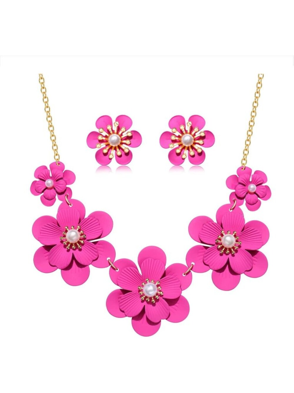 Women Hot Pink Earing Flower Matte Enamel Pearl Charm Choker Statement Necklace